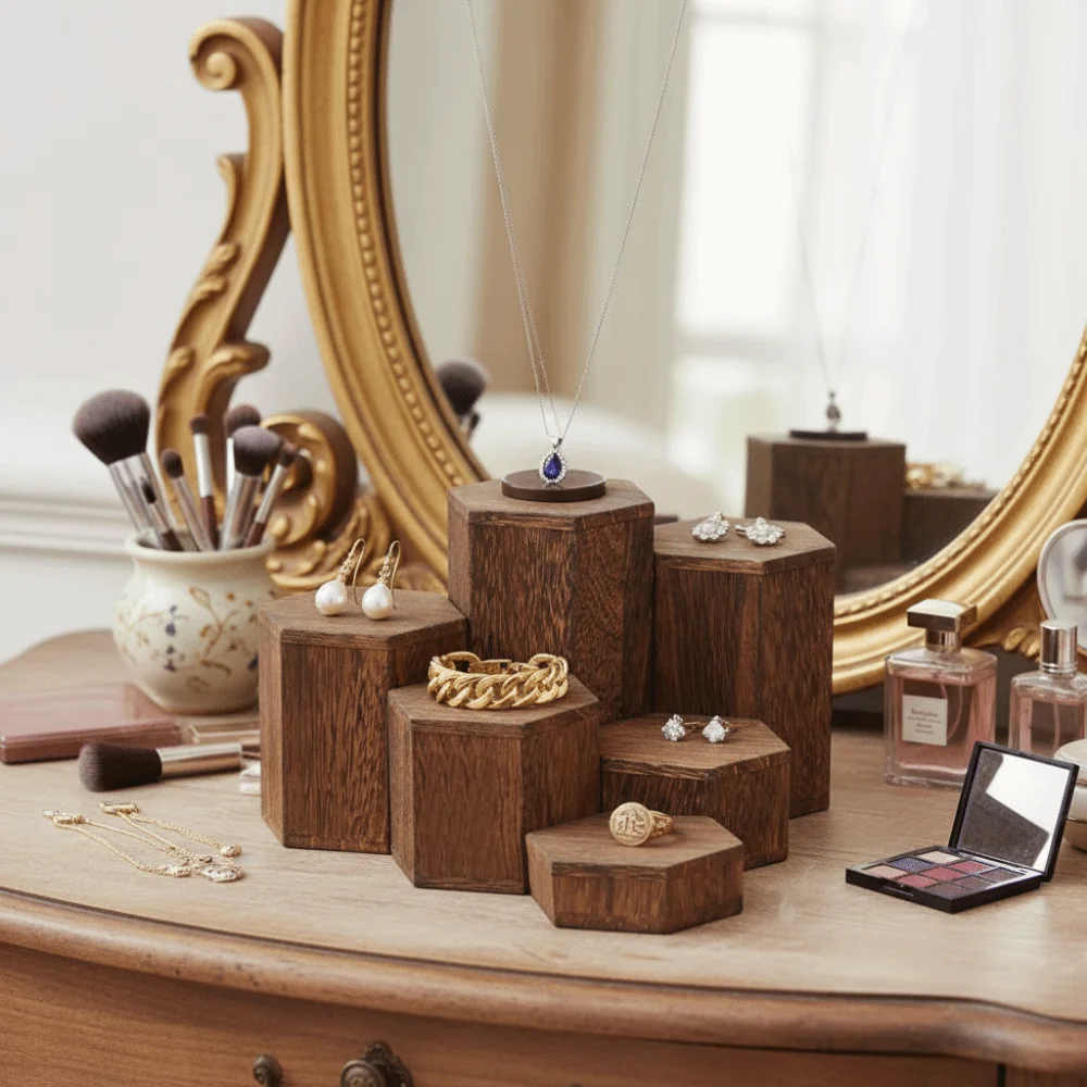 

6pcs/set Wooden Hexagon Display Stand Vintage Style Show Shelf Jewelry Display Stand Decorative Jewelry Holder Jewelry Display