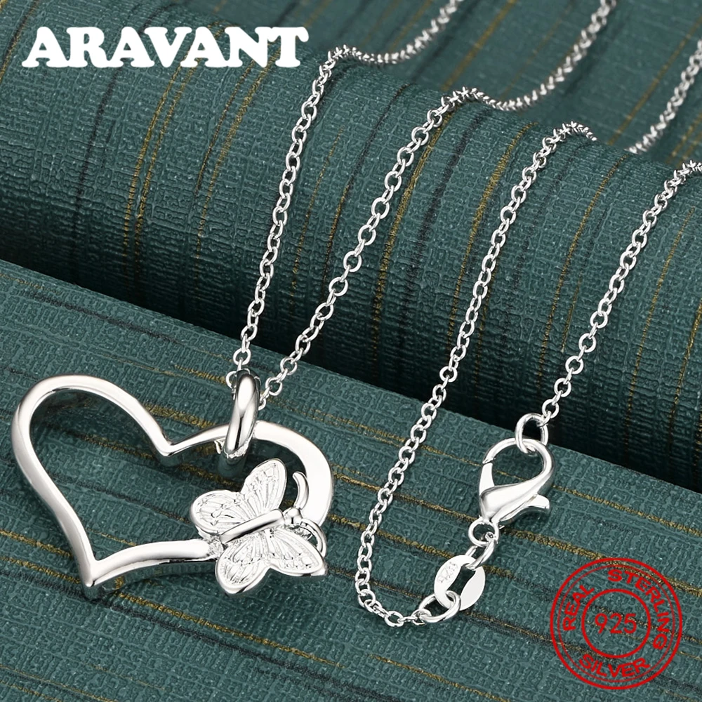 925 Sterling Silver Heart And Butterfly Pendant Necklace, Vintage Style, Personalized Accessory, Gift, Jewelry For Women