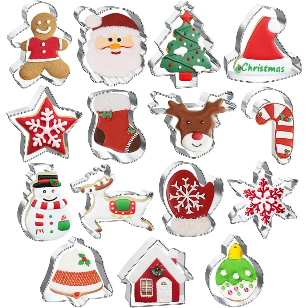 

15 Pcs Holiday Cookie Cutters Set with Snowman, Gingerbread, Tree Shapes for Baking and Party Decorations