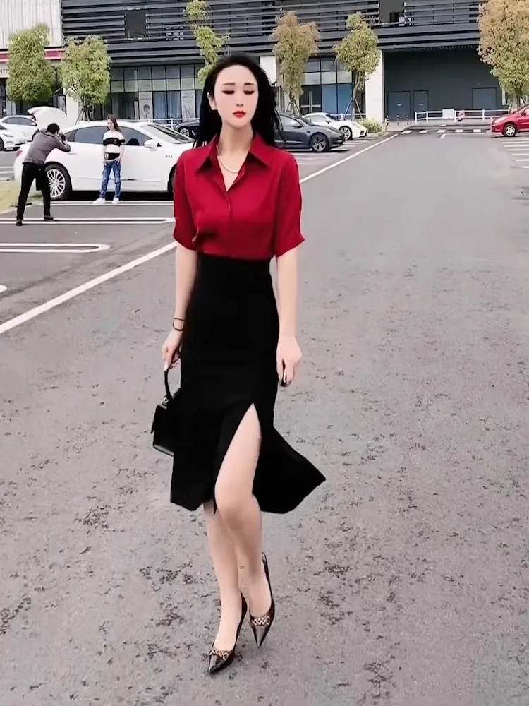 

Women's Summer Shirt Top Skirt Set Half-length Sleeve Sun Protection Two-piece Fashionable Korean Loose Style Collar