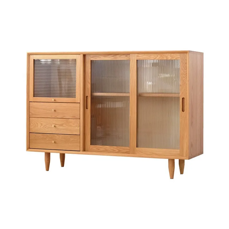 

Nordic solid wood dining side cabinet furniture living room simple storage glass tea cabinet mobile door storage cabinet