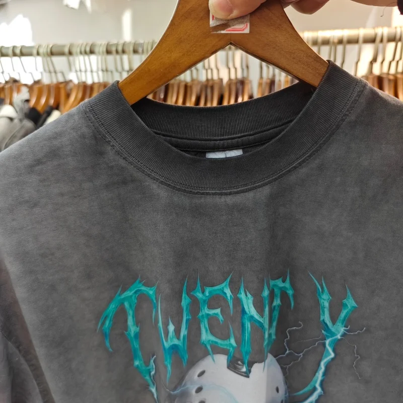 Y2K Streetwear Horror T-Shirt - Oversized Gray Washed Distressed Tee with Creepy Mask Graphic view 3