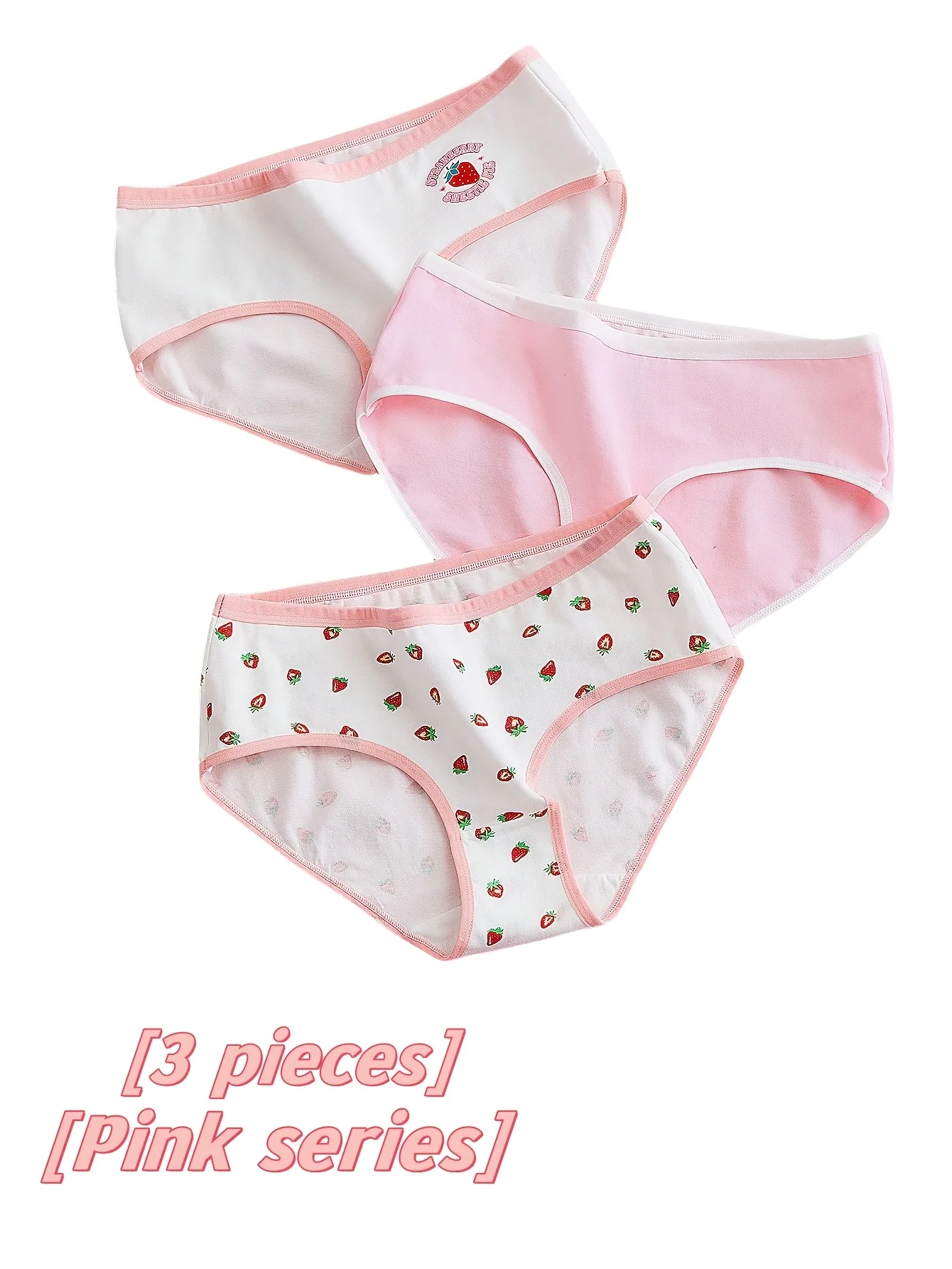 

3-Pack Mixed Strawberries Cute Pink Girl Mid-Low Waist Cotton Triangle Underwear for Middle to Large Children