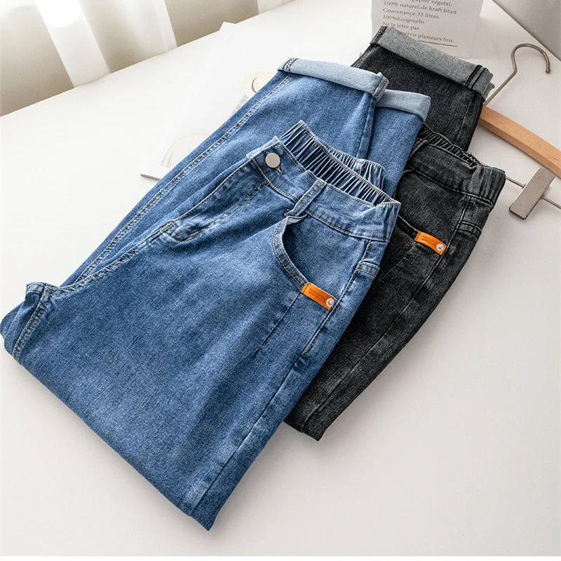 

Джинсы женские больших размеров на весну-осень 2026, с высокой талией, облегающие, на резинке, повседневные брюки-галифе 6329