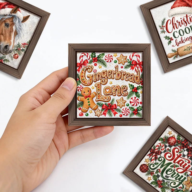 4Pcs Farmhouse Christmas Wooden Fridge Magnet Set, Festive Xmas Refrigerator Magnet, Gingerbread Lane, Cookie Baking Team
