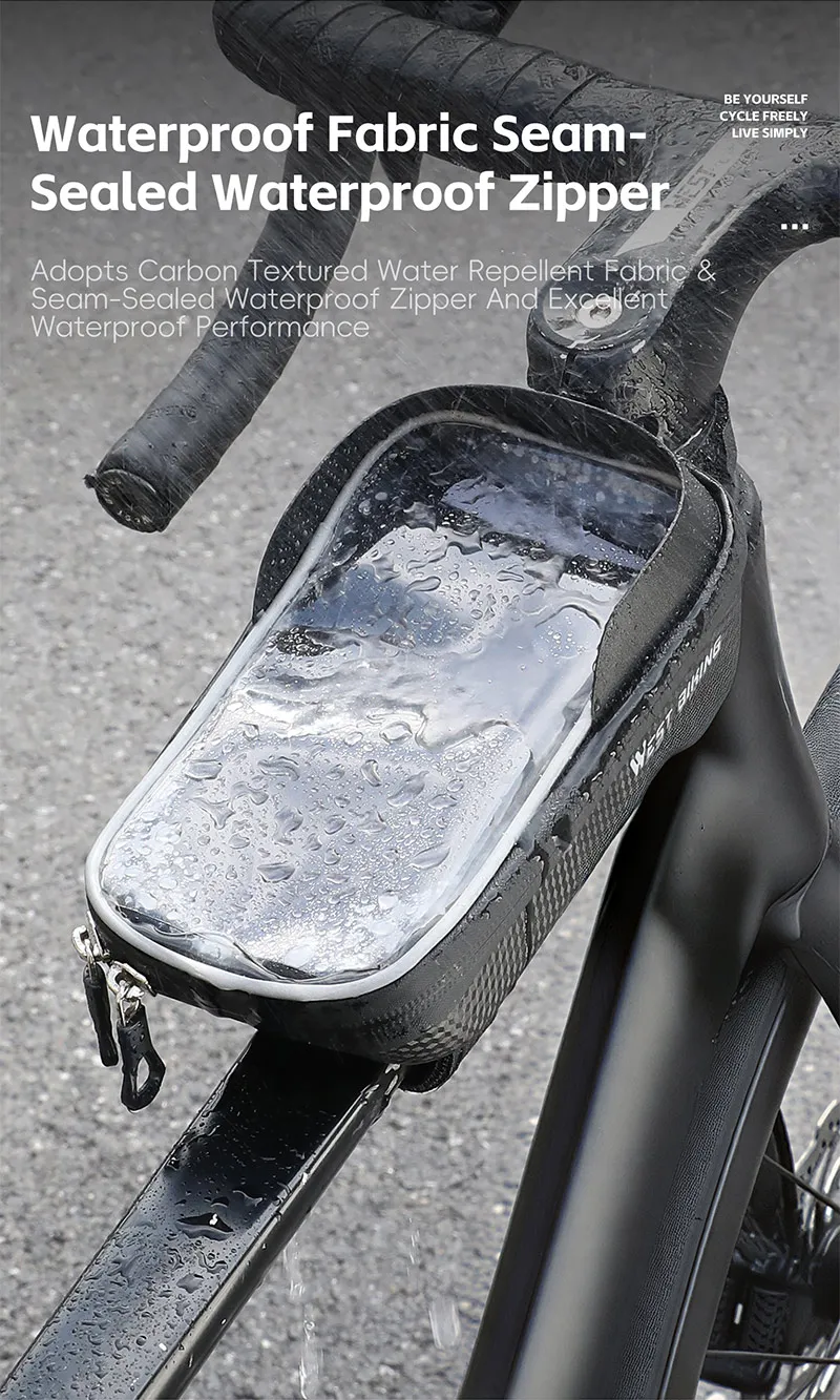 WEST BIKING Touchscreen-Fahrradtasche für Handys, wasserdichte Hartschalen-Oberrohrtasche für Straßen- und Mountainbikes mit dreifach stabilem Haken – Detail 5