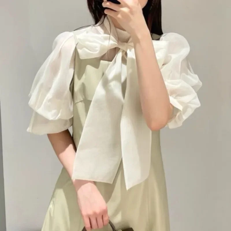 Lantern Sleeve Camisas Bandage Bow Shirts Blouses Japan Style Blusas Mujer Elegant Organza Ropa Spring Summer 2024 New Tops