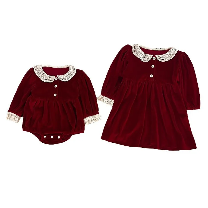 الياقات الدانتيل المشذبة الأصفاد الأطفال تنورة رومبير طفل فتاة اثنين نمط فستان أنيق بورجوندي المخملية وتتسابق الدانتيل بيتر بان