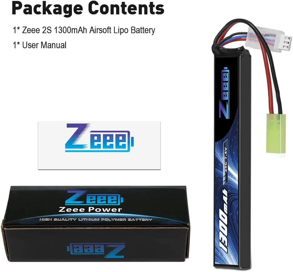 Zeee 7.4V 25C 1300mAh Airsoft Lipo Battery 2S Stick Battery with Mini Tamiya Plug for Airsoft Gun Rifle AK47 Battery Model Parts