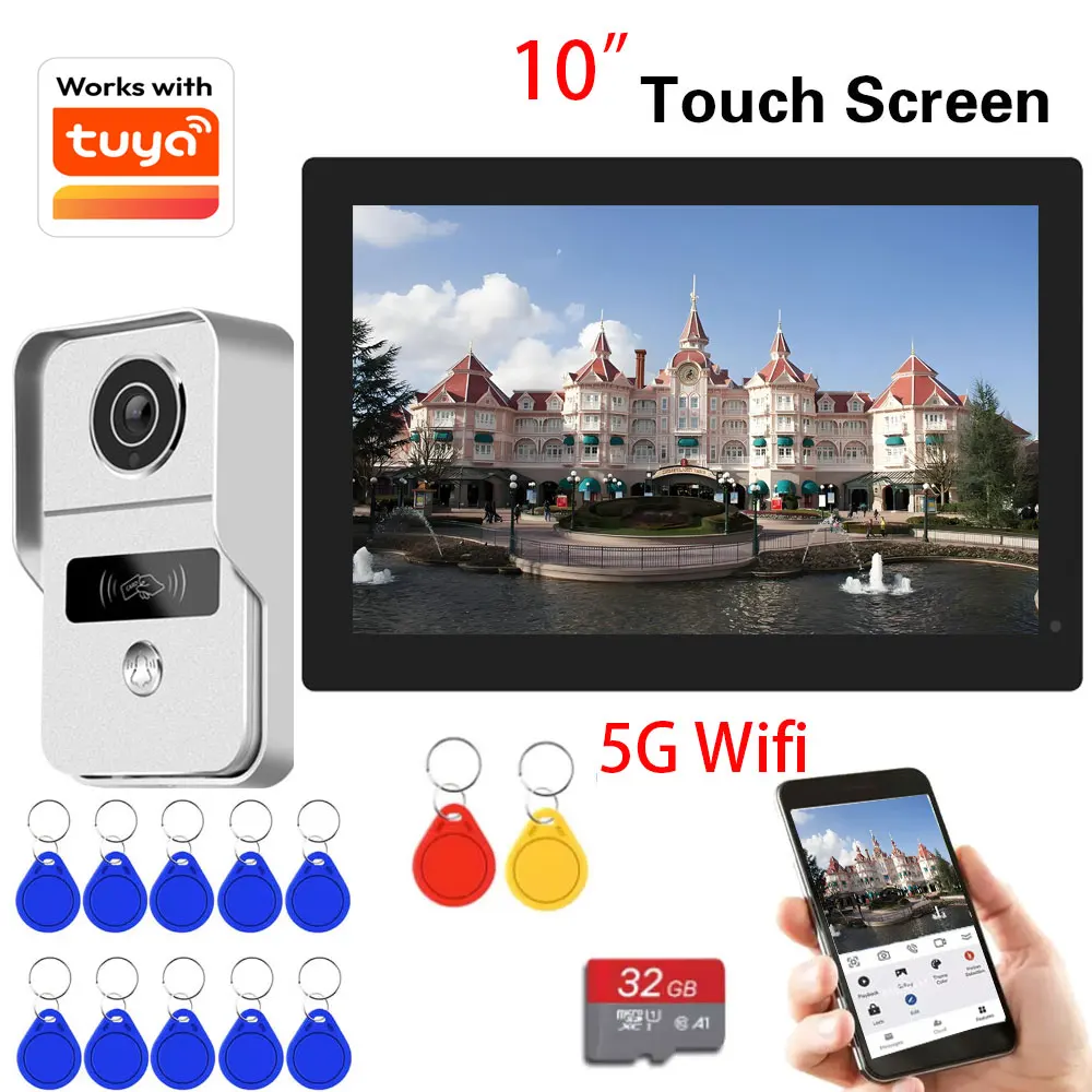 Nuevo sistema de videoportero WiFi TUYA HD 1080P, cámara de puerta con pantalla táctil de 10 pulgadas, videoportero con tarjeta de 32GB para el hogar, 4 cables