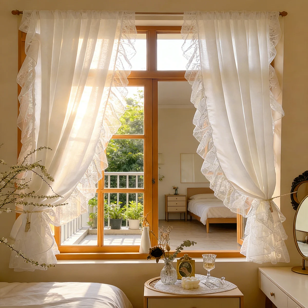 1Pc,French Rococo Style White Thicker Opaque Sheer Curtain with Floral Ruffled Tirm,Curtain For Small Windows,Kitchen,Room Decor