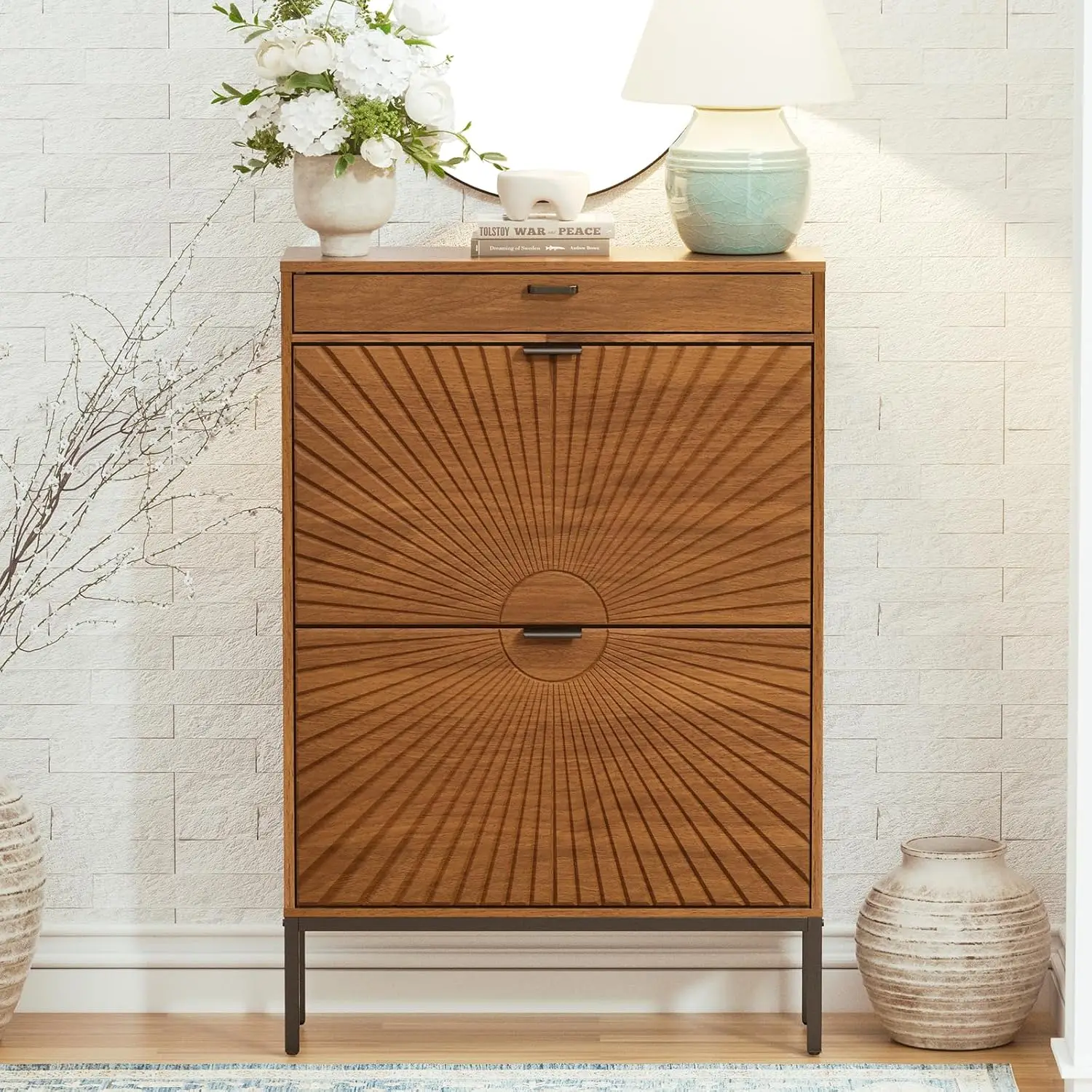 Fluted Shoe Cabinet, 2 Flip Drawer Entryway Organizer with Hidden Rack & Small Drawer for Living Room Hallway Walnut, Customized