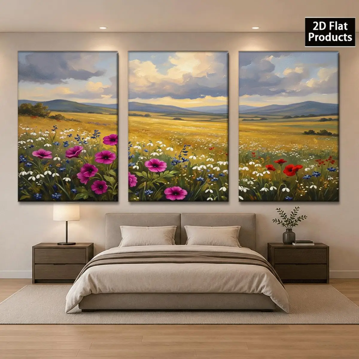 Frameless 2D Flat 3pc  Canvas Wall Art – Three panels of a flower field under a cloudy sky with mountains in the distance per