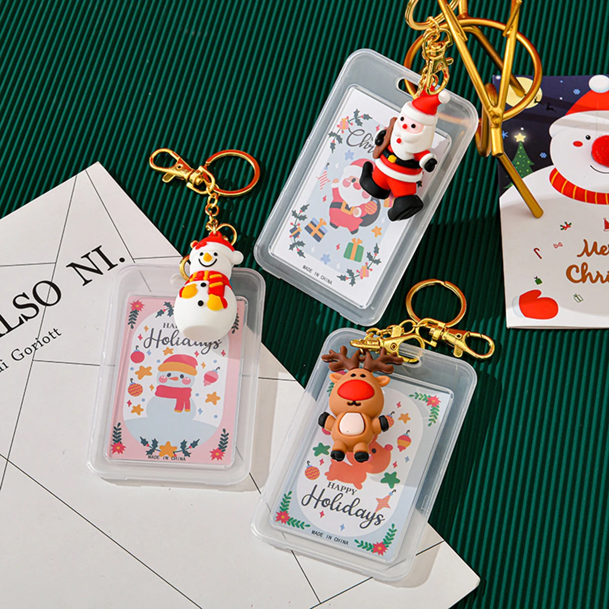 Christmas Card Holder Keychain Cute Cartoon Santa Snowman Reindeer Tree Pendant Clear ID Badge Case for Holiday Gift