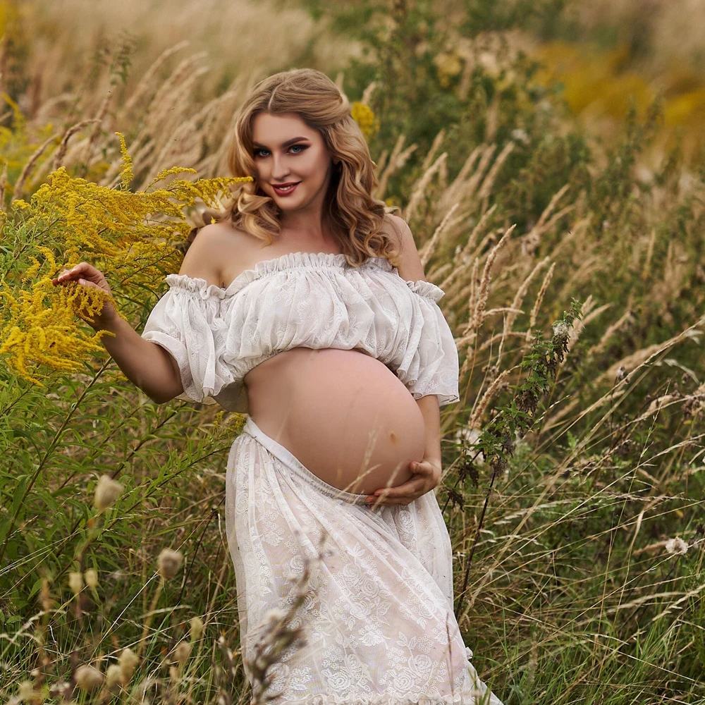 Maternity Gown For Photo Shoot elegant Two Piece White Lace Bohemian Maternity Dresses Pregnancy Sessions Baby Showers Dress