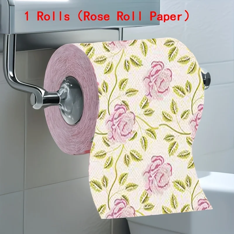 1 Roll Rose Printed Toilet Paper, Bamboo & Wood Pulp Creative Printed Roll Tissue for Home Bathroom