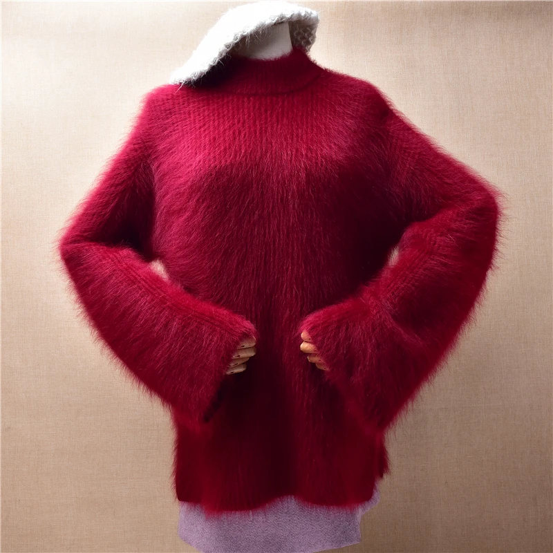 Female Women Fall Winter Thick Warm Mink Cashmere Knitted Long Flare Sleeves Turtleneck Loose Pullover Angora Fur Sweater Jumper