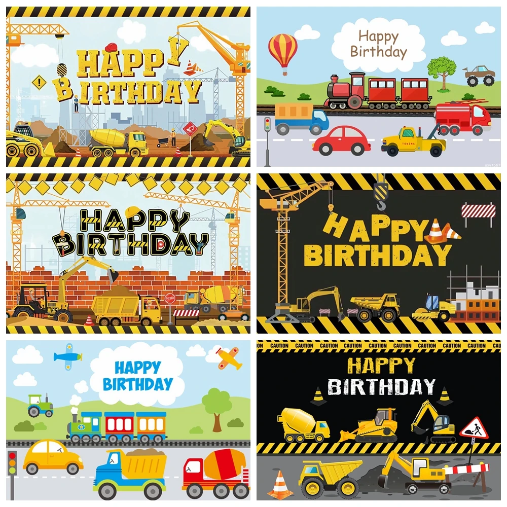 

Construction Team Photography Backdrop Excavator Crane Traffic Airplane Truck Baby Boy Birthday Party Decor Photo Background