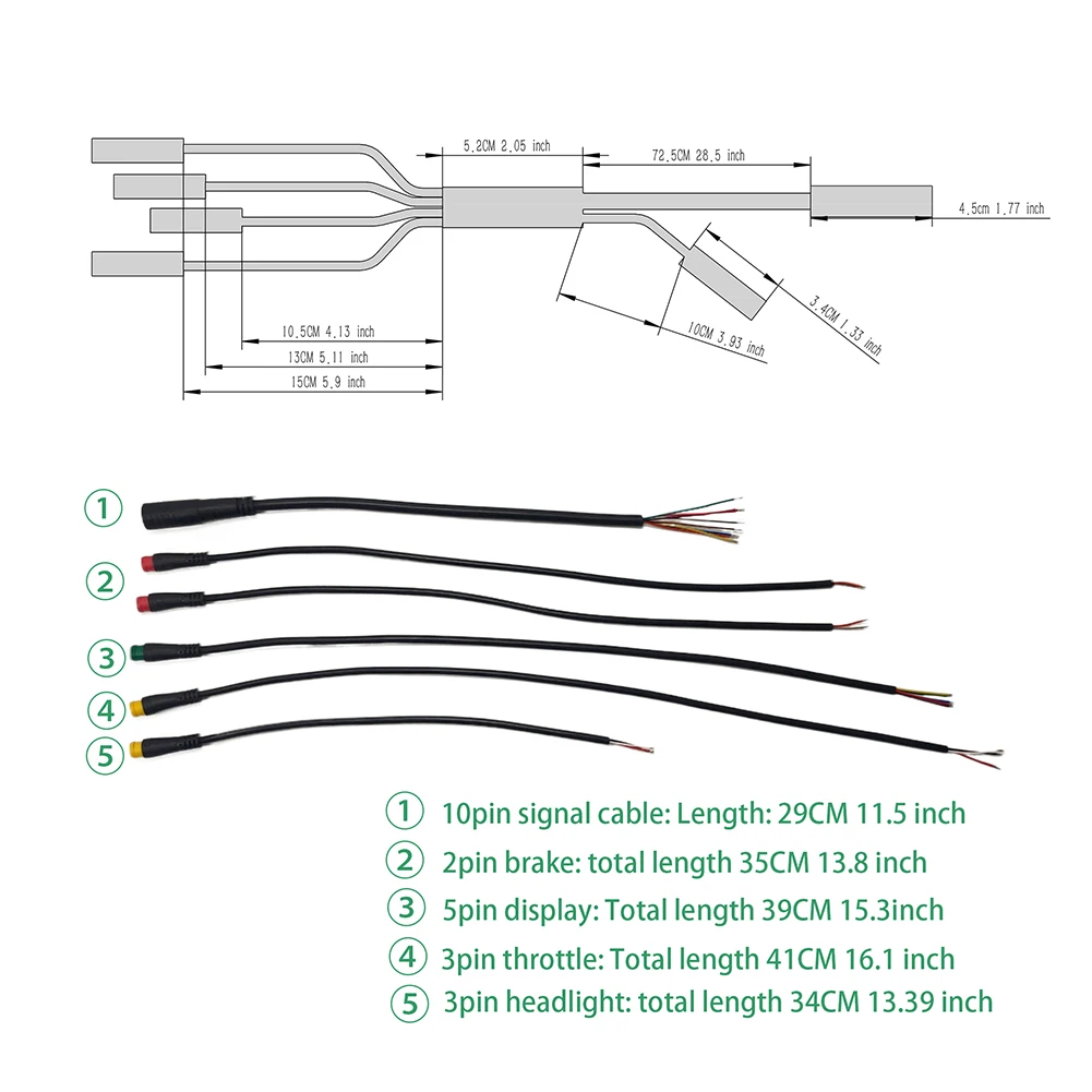 Electric Bicycle Waterproof Connector Cable with 10pin Integrated Line for Headlights Throttle Display and Brake Functions
