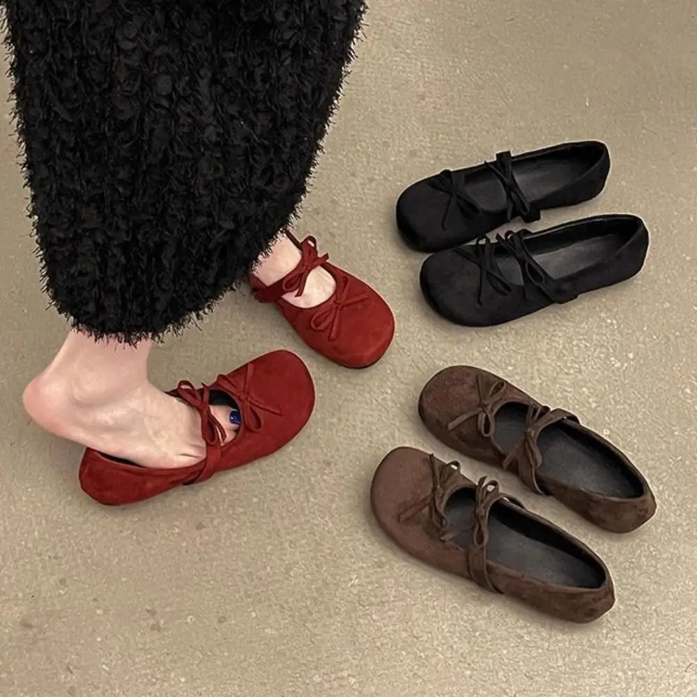

Retro Bowknot Velvet Ballet Shoes Classic PU Leather Mary Jane Shoes Elastic Band Slides Square Toe Ballerina Flats Streetwear