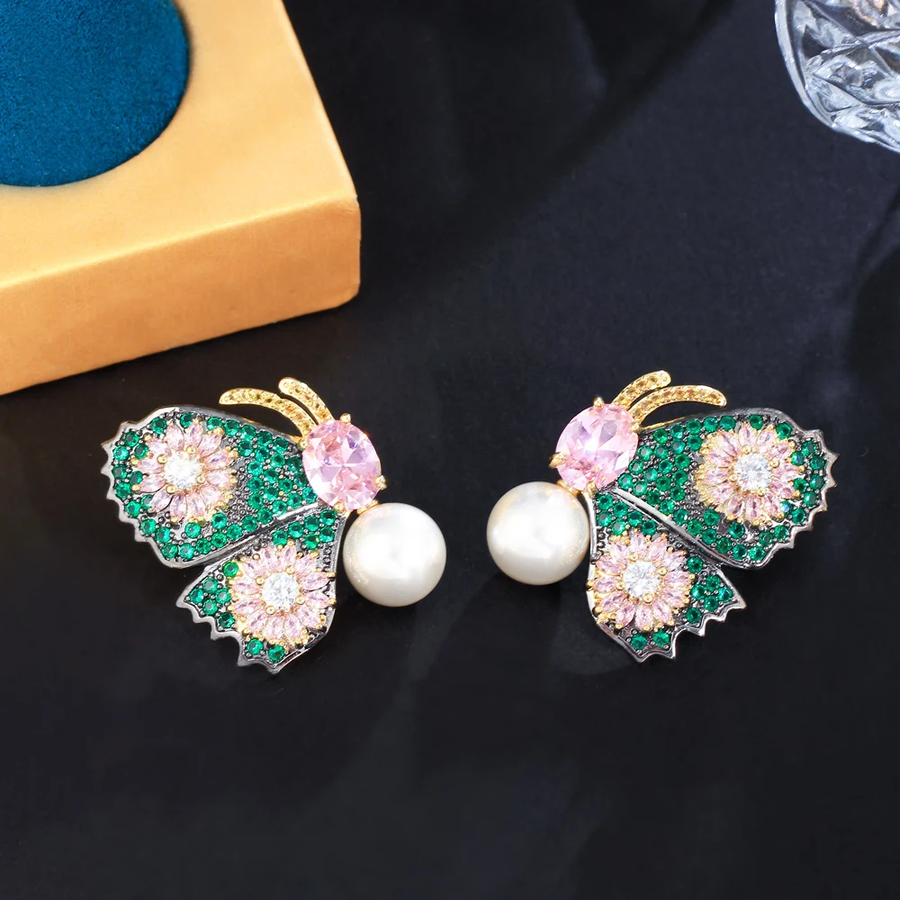 

CWWZircons Glamorous Pink Green Cubic Zirconia Asymmetrical Butterfly Drop Pearl Earrings for Women Unique Party Jewelry CZ608