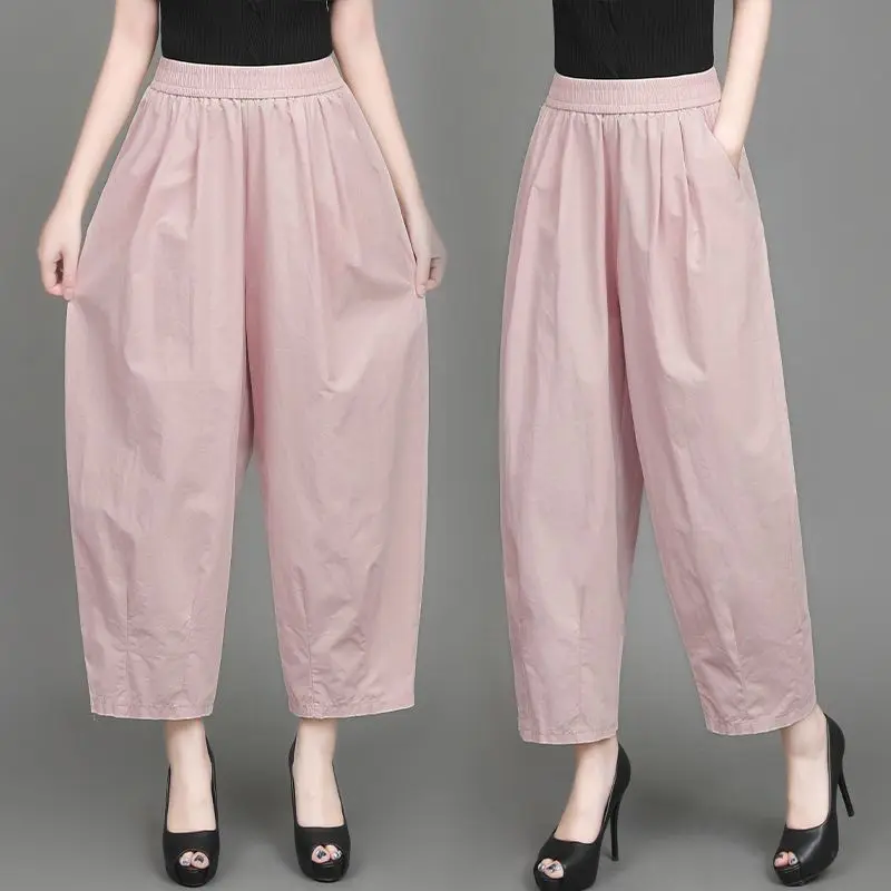 Women's Casual Cotton Pants High Waist Loose Fit Thin Nine Points Slimming Meat Covering Lantern Pants Commute Style Harlan P...