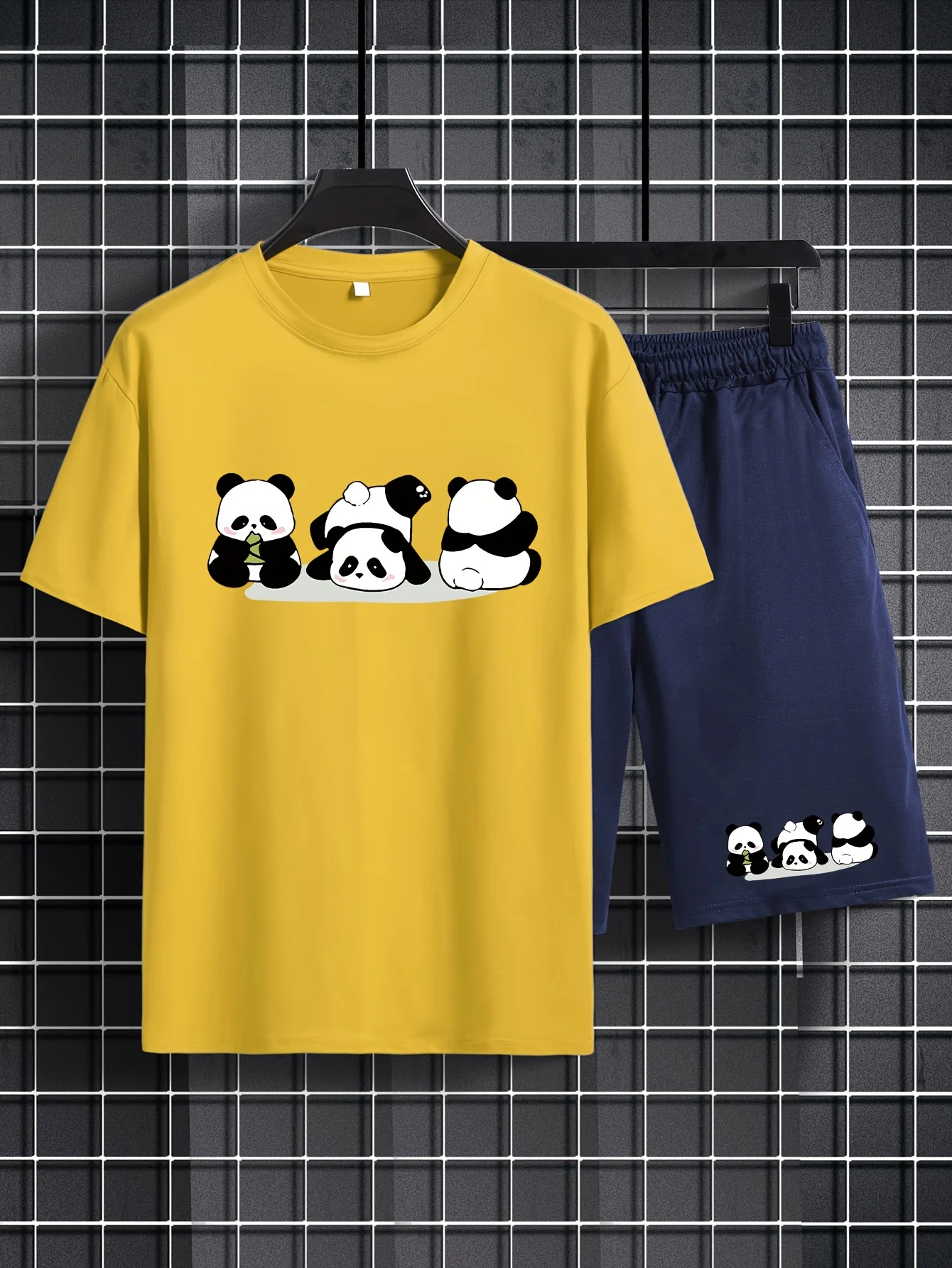 3D Cute Panda Print 2-piece Men\'s Fashion Casual Round Neck Short Sleeved T-shirt Drawstring Shorts Set Suitable Children\'s set