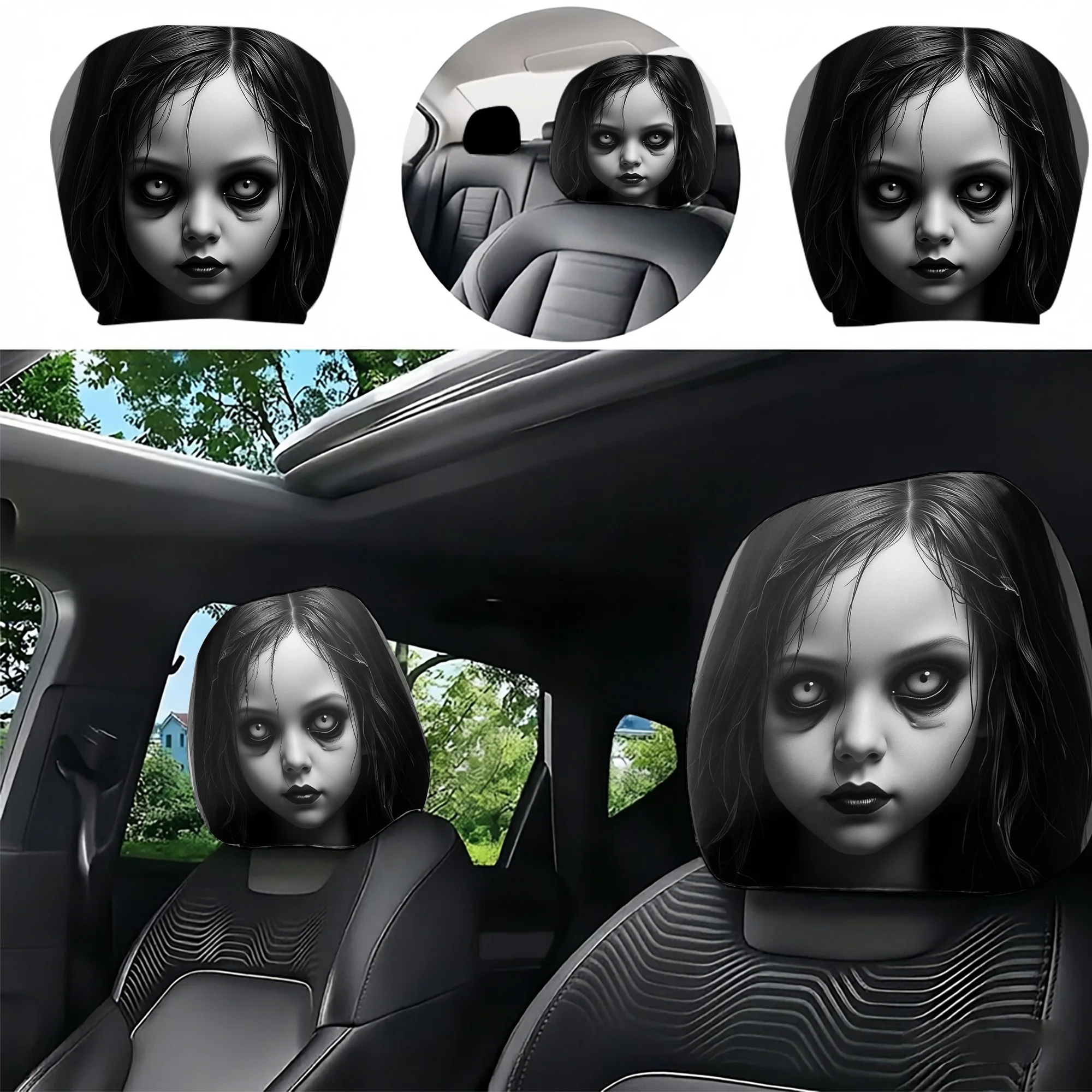 2pcs Spooky Gothic Girl Car Headrest Covers—create a spine-chilling atmosphere in your car. Not filled. Easy to install.