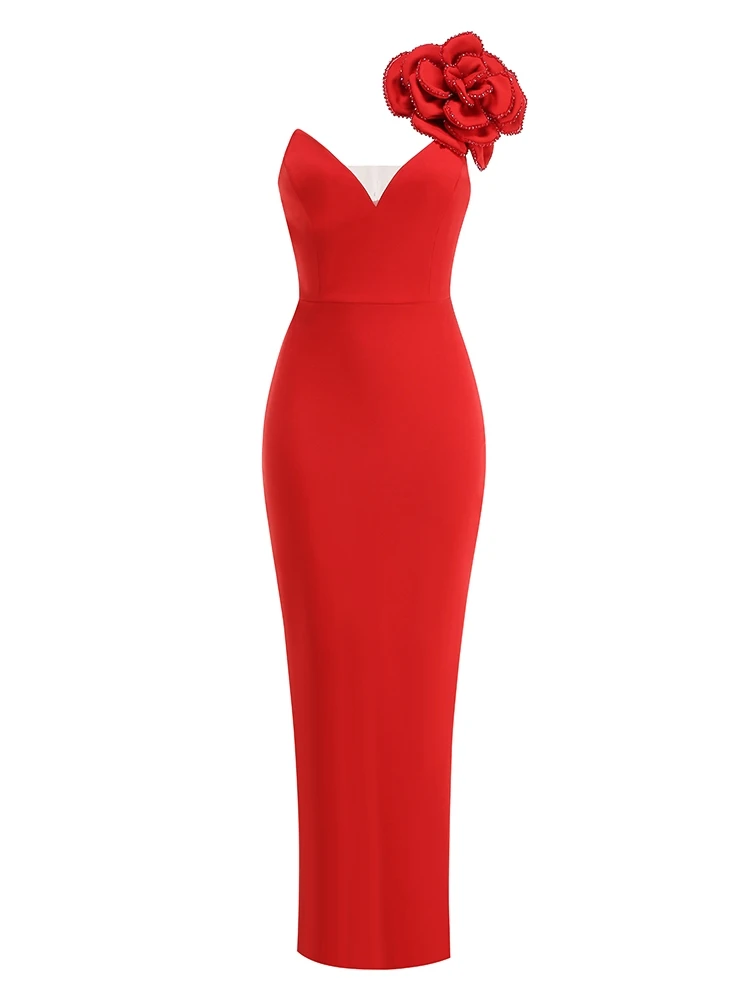 Women's One Shoulder 3D Flower Long Dress Sexy Red V Neck Beaded Flower Bodycon Dresses Evening Party Runway Gowns