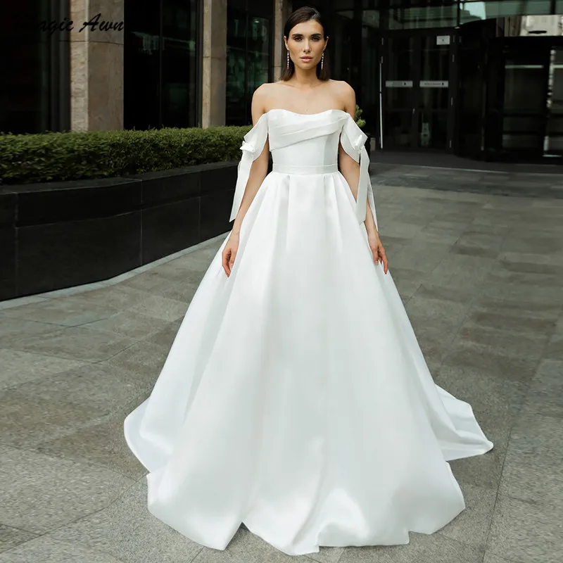 

Magic Awn Elegant Satin Wedding Dresses White Off The Shoulder Bow Starps A-Line Princess Mariage Gowns Simple Robes De Mariee