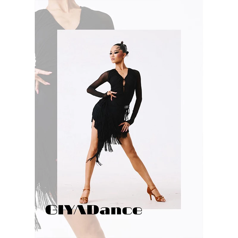 Nieuwe Latin Danskleding Lange Mouwen Tops Kwasten Rok 4 Kleuren Oefenjurk Cha Cha Rumba Samba Dansjurk Competitiekleding