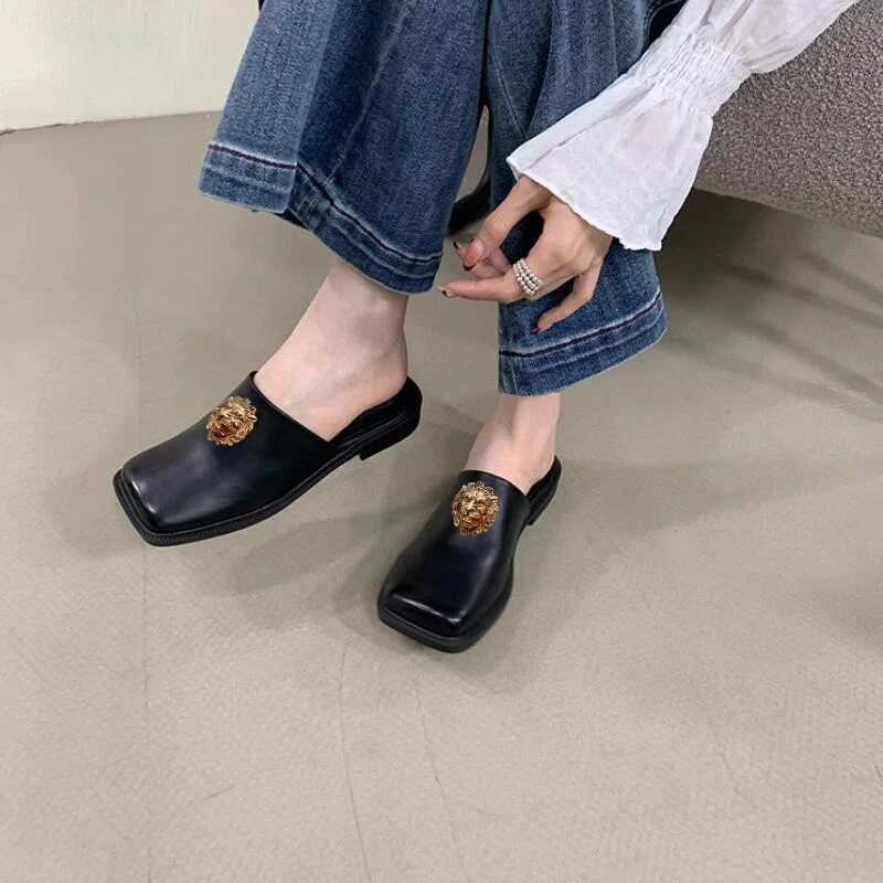 Baotou Setengah Sandal Wanita Baru Perancis Vintage Sepatu Kulit Kecil Kepala Persegi Sepatu Tunggal Datar Lembut Sol Sepatu Muller 37
