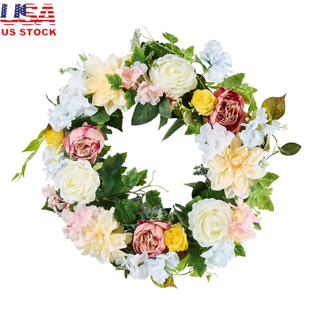 

Artificial Floral Wreath 24in Faux Flowers Hydrangeas Peonies Indoor Decor All Season Easy Hang Home Use Celebration