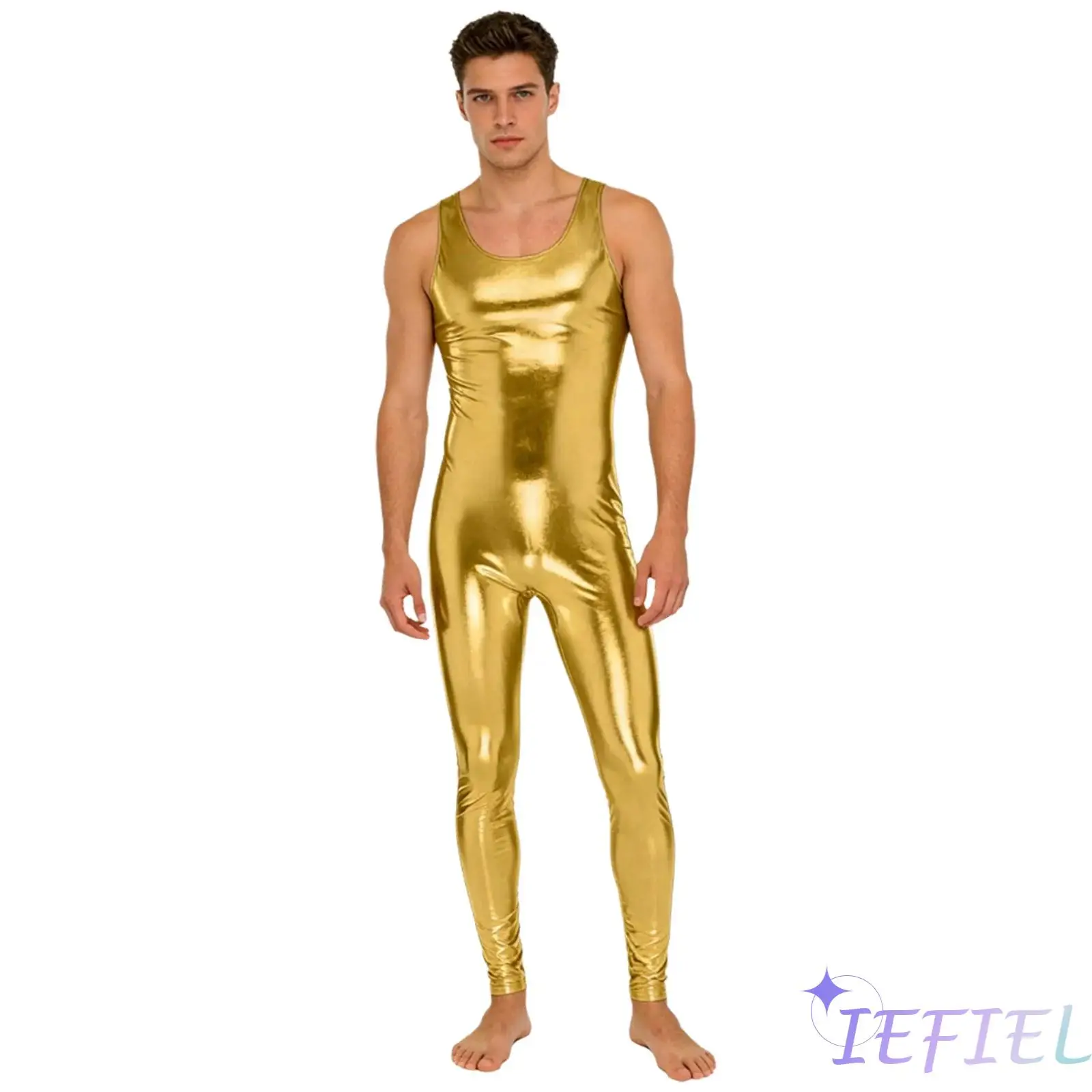 

Мужской блестящий металлический комбинезон-боди с круглым вырезом, без рукавов, со скрытой молнией сзади, цельный, для карнавала, рейвов, вечеринок, сценических выступлений и танцев