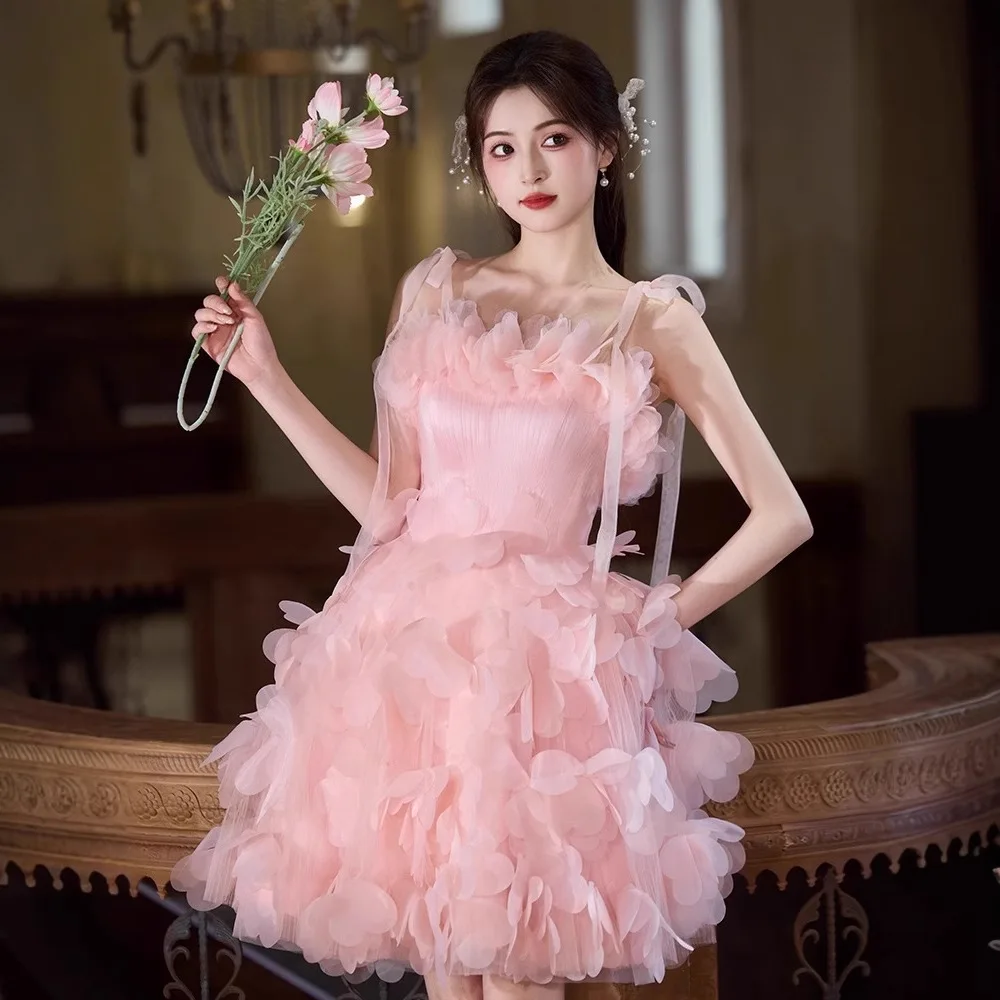 

Платья для выпускного вечера Розовый тюль Короткие бретельки с цветочным принтом Мини Вечерние платья для вечеринок Женское коктейльное платье для особых случаев