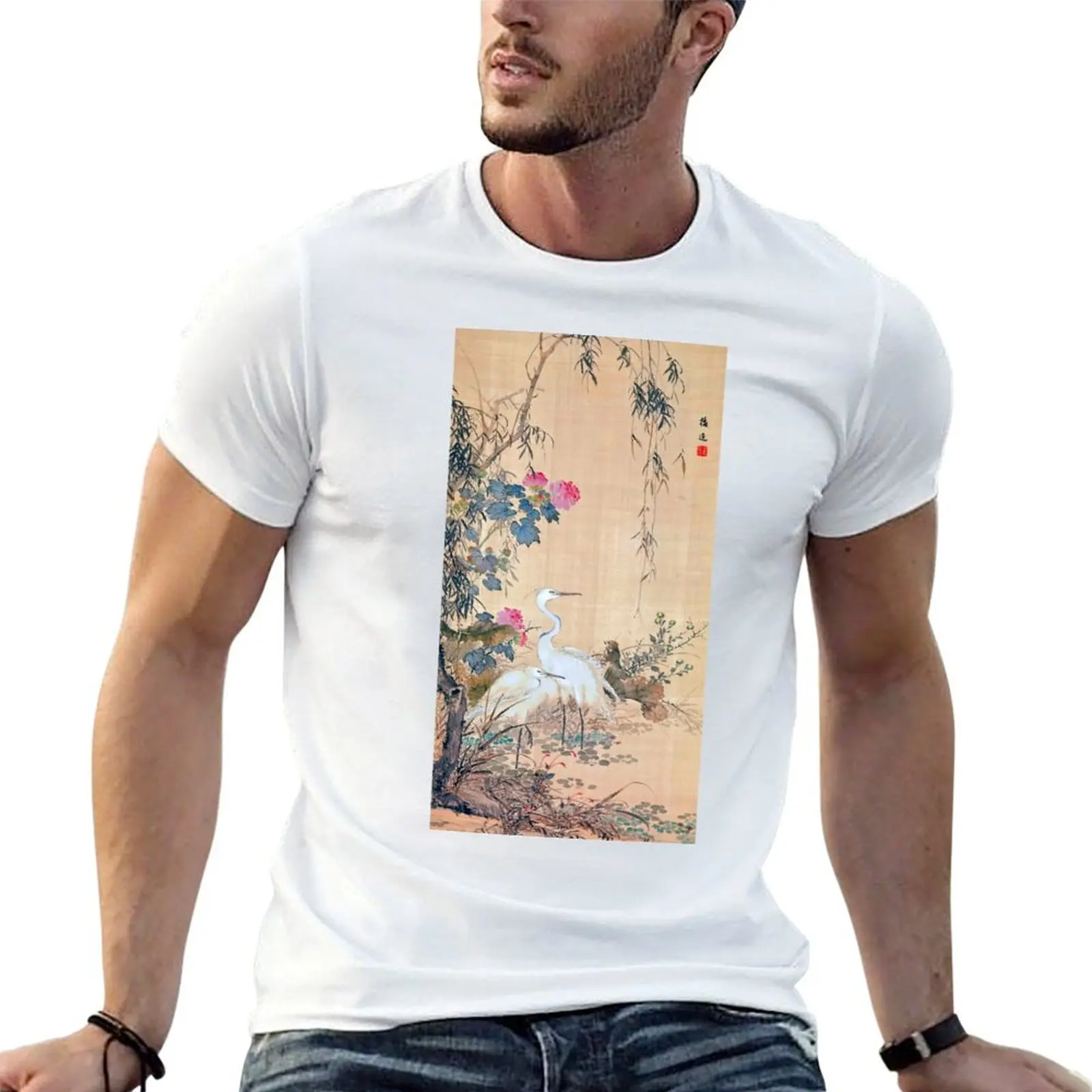 Egrets, Peonies, and Willows (Restored Japanese Artwork) T-Shirt Plus Size Quick Dry Sports Tee