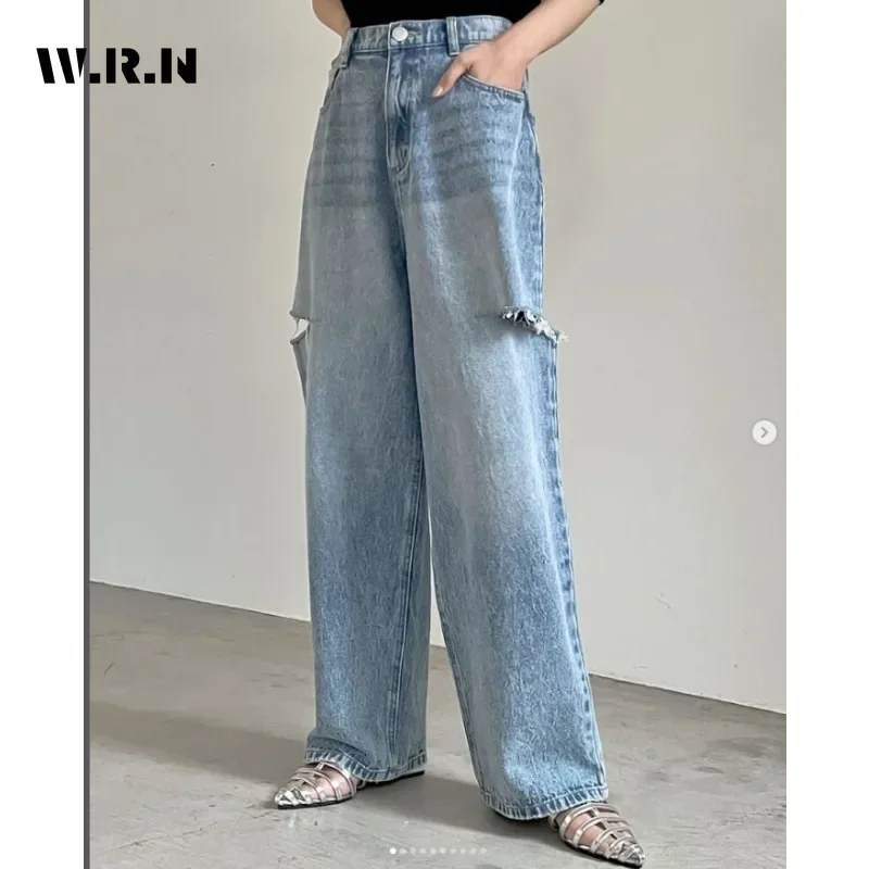 

Sexy Vintage Ripped Harajuku Loose Blue Jeans Y2K Wide Leg Trashy Hollow Out Pants 2025 Autumn Women's Baggy Denim Trouser