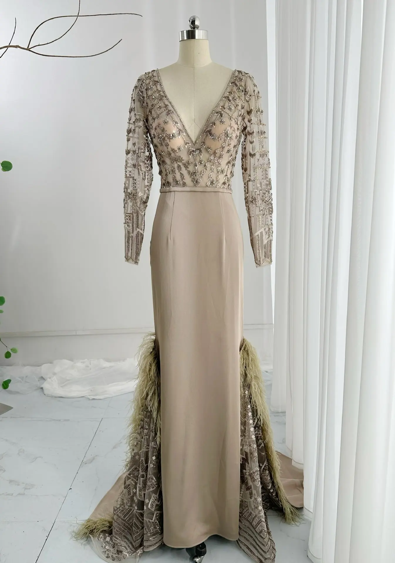 Khaki Color -Sexy Deep V -Neck Long Sleeve Beaded Design Sensor Slim Mermaid Evening Dress Skirt M2061