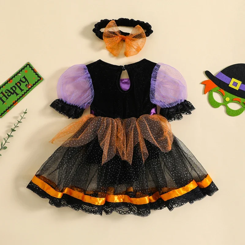 Newborn Girl Halloween Witch Costume Puff Sleeve Tulle Patchwork Romper Dress with Headband Halloween Clothes