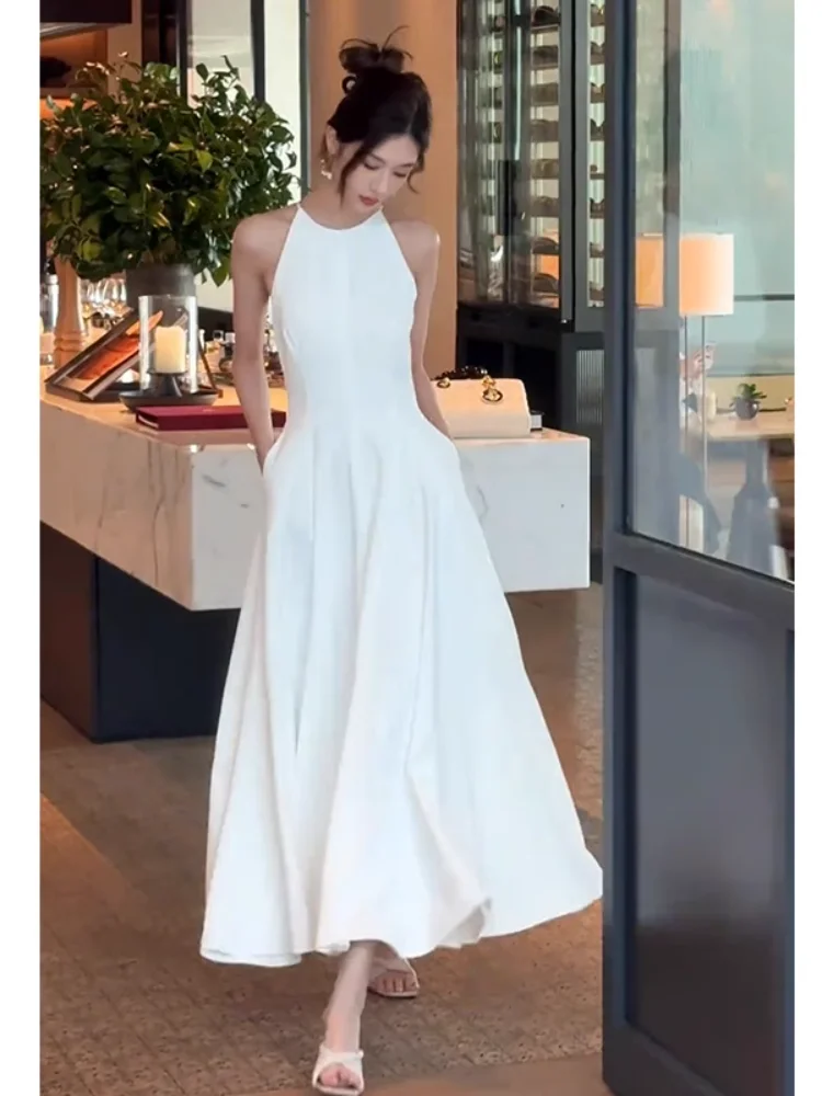 

Elegant White Sleeveless A-Line Dress Women's Summer New Waist-Cinching Slimming Extra Flared High Waist French Style Citywalk