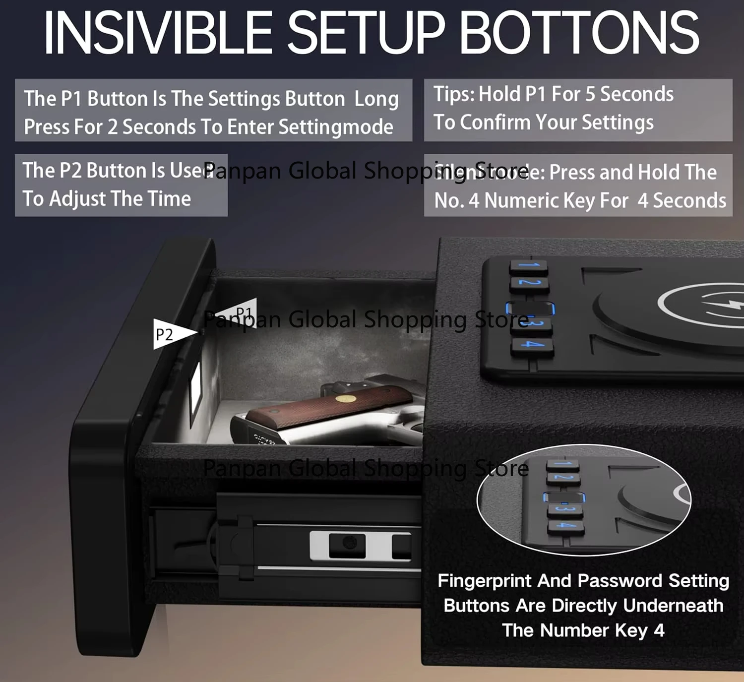 n Door with Fingerprint Lock Backlit Keypad - Compact Nightstand Safe with Display LED Light