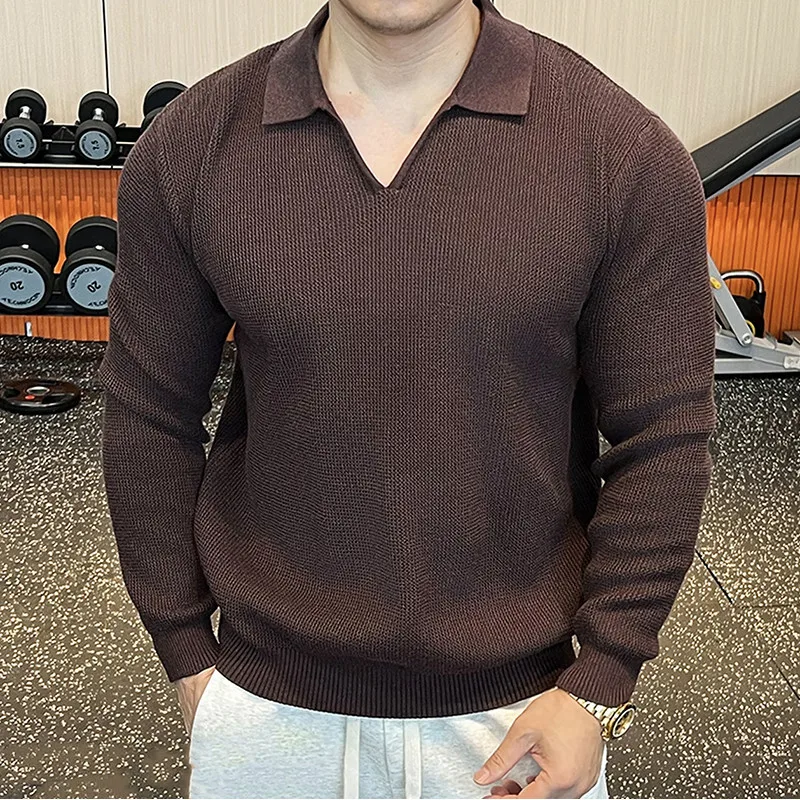 

Autumn Winter Polo Collar Knitted Sweater Men Solid Color Casual Business Pullover Office Social Versatile Warm Knitwear Tops