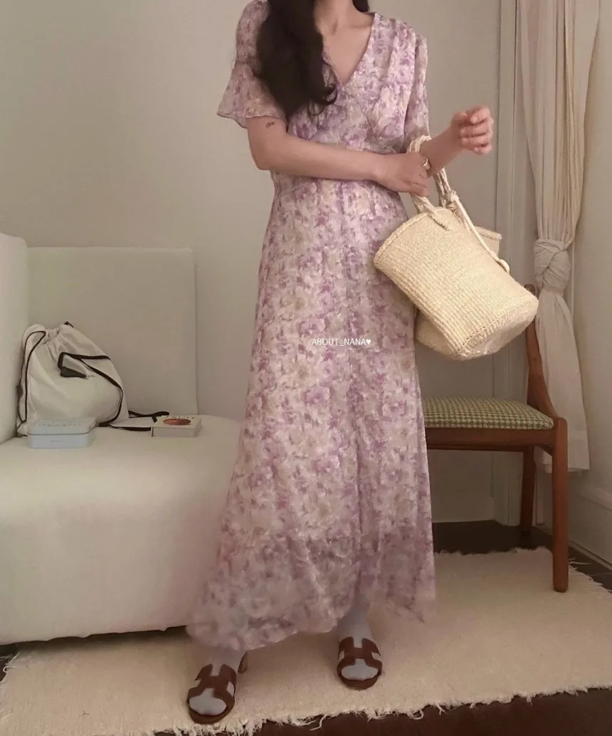 2 kolory kwiatowy Print z krótkim rękawem sukienka wróżki kobiety 2025 lato V Neck moda damska plaża długie sukienki z szyfonu Vestidos (JJ8003