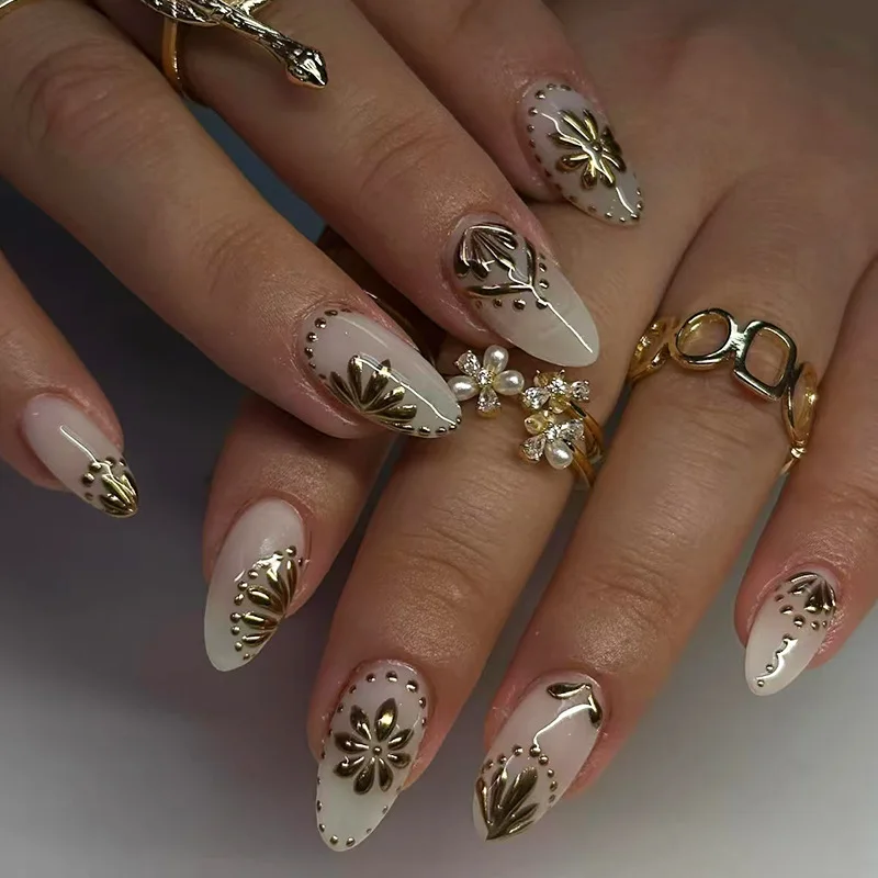 

30Pcs Medium-Length Almond Press-on Nails: 3D Gold Filigree with Polka Dot Accent - Unique Design Coverage Nail Art Kit