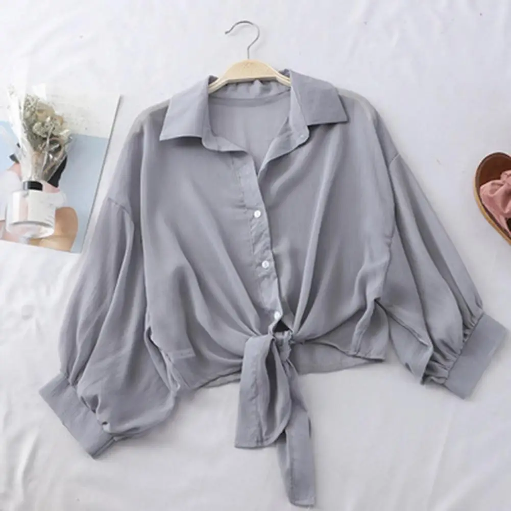 Summer Blouse Sun Protection Casual Loose Women Blouse Elegant Tied Waist Blouse Women Summer Bat Sleeve Button Chiffon Shirt