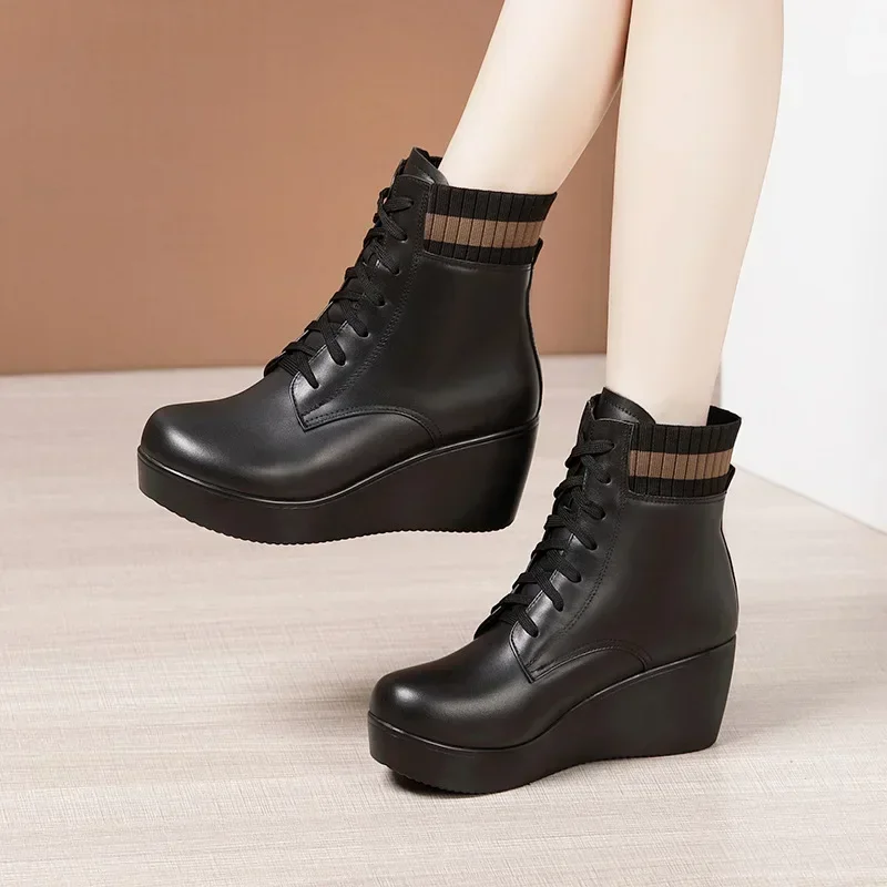 6cm Small Size 32-43 Thick Bottom Soft Leather Platform Wedges Shoes Ankle boots 2024 Winter Flexible Med Heels Boots Office Mom