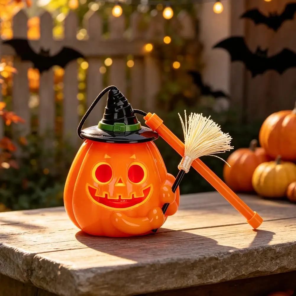 Portable Pumpkin Light Glowing Halloween Pumpkin Lantern with Witch Hat Broom Light Up Ceramic Ghost Figurine Cute Led for Party