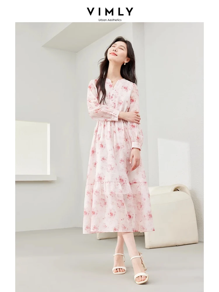 Vimly French Style V-neck Floral Chiffon Dress Woman 2024 Spring Elastic Waist Lace-up Puff Sleeve A-line Midi Dresses M6118