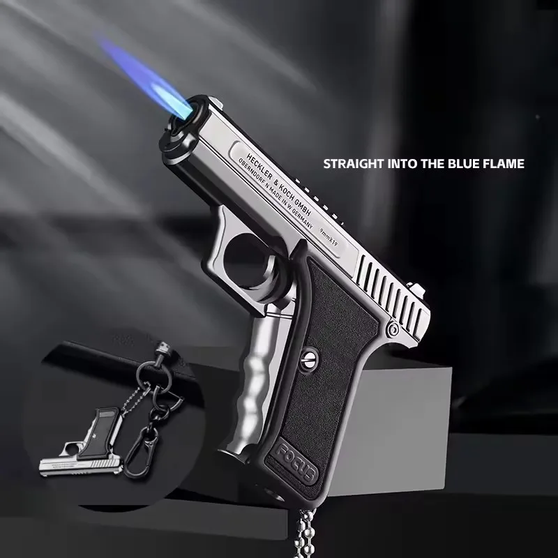 Mini Portable Gun Style Lighter Refillable Butane Gas Windproof Blue Jet Flame Torch Lighters Cigarette Accessories Men's Gift