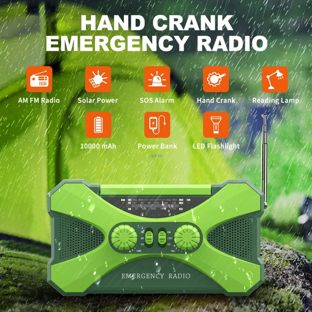 

10000mAh Rechargeable Emergency Radio Solar Hand Crank Radio AM/FM LED Flashlight SOS Alarm Power Bank Speaker Dropshipping